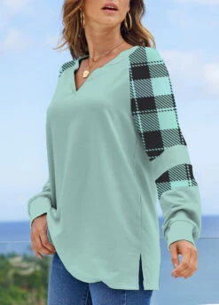 Mint Green Split Plus Size Plaid Sweatshirt -Elegance Swimwear Store 315016 P 1663639505247