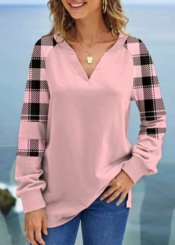 Light Pink Split Plus Size Plaid Sweatshirt -Elegance Swimwear Store 315017 P 1663639520743