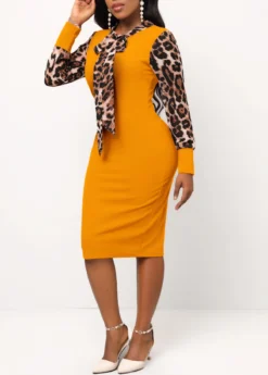 Ginger Leopard Bowknot Long Sleeve Bodycon Dress -Elegance Swimwear Store 315225 P 16637571970982