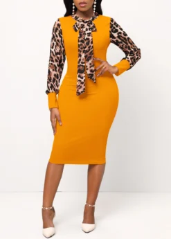 Ginger Leopard Bowknot Long Sleeve Bodycon Dress -Elegance Swimwear Store 315225 P 16637571976733