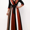 Dark Coffee Surplice Striped Belted Dress
