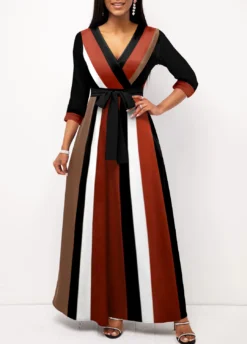 Dark Coffee Surplice Striped Belted Dress