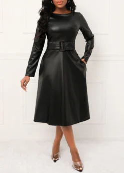 Black Faux Leather Belted Long Sleeve Dress -Elegance Swimwear Store 315369 P 16655722842693
