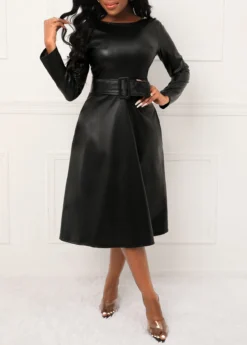 Black Faux Leather Belted Long Sleeve Dress -Elegance Swimwear Store 315369 P 16655722844014
