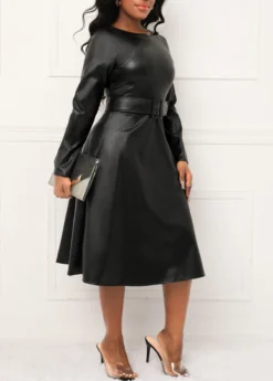 Black Faux Leather Belted Long Sleeve Dress -Elegance Swimwear Store 315369 P 16655722847495
