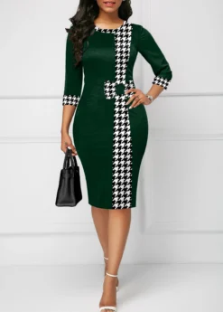 Blackish Green Bowknot Houndstooth Print Bodycon Dress