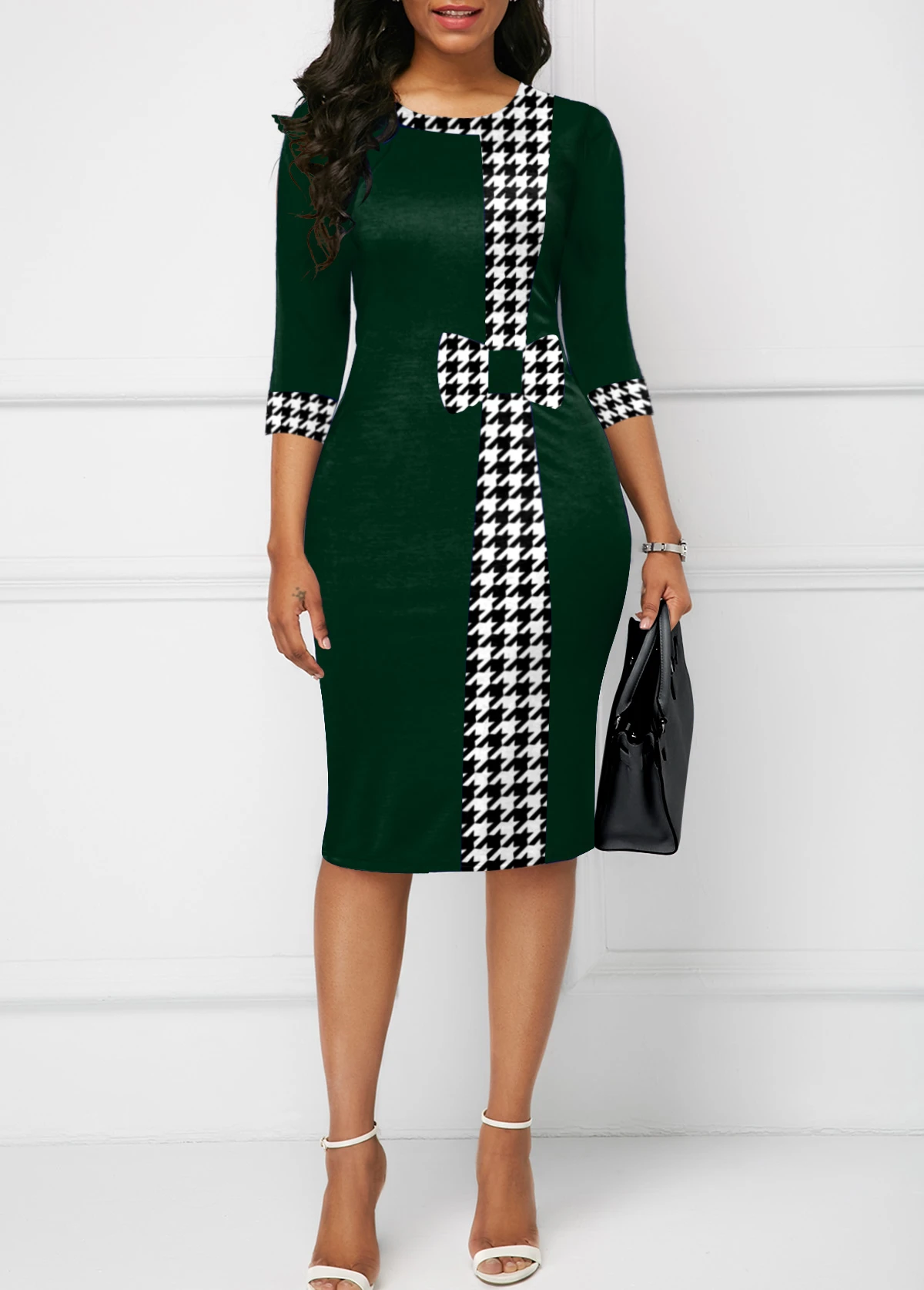 Blackish Green Bowknot Houndstooth Print Bodycon Dress 2 Blackish Green Bowknot Houndstooth Print Bodycon Dress - Image 2