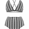Three-piece High Waisted Geometric Print Black Bikini Set