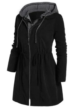 Black Drawstring Plus Size Long Sleeve Hooded Coat -Elegance Swimwear Store 316816 P 1665554432080