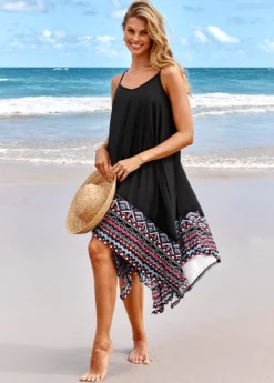 Handkerchief Hem Tribal Print Black Beach Dress