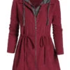 Wine Red Drawstring Plus Size Long Sleeve Coat