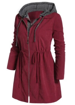 Wine Red Drawstring Plus Size Long Sleeve Coat -Elegance Swimwear Store 317425 P 1665725803338