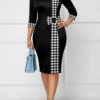 Black Patchwork Houndstooth Print Bodycon Dress