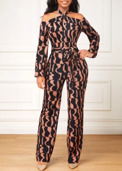Dark Coffee Cut Out Geometric Print Belted Jumpsuit -Elegance Swimwear Store 317614 P 16696337262883