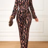 Dark Coffee Cut Out Geometric Print Belted Jumpsuit