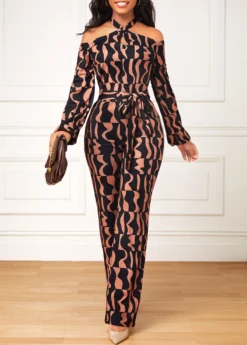 Dark Coffee Cut Out Geometric Print Belted Jumpsuit