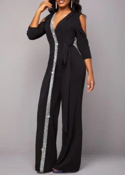 Black Metal Ring Cold Shoulder Jumpsuit -Elegance Swimwear Store 317638 P 16685800084732