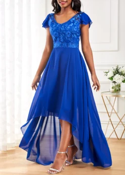 Royal Blue Lace Short Sleeve High Low Dress -Elegance Swimwear Store 317645 P 16760253174512