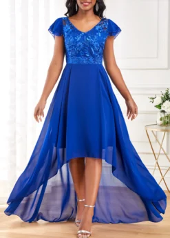 Royal Blue Lace Short Sleeve High Low Dress -Elegance Swimwear Store 317645 P 16760253179964