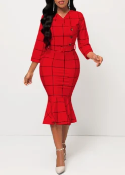 Red Plaid Belted Button Mermaid Dress -Elegance Swimwear Store 317798 P 16662612178473