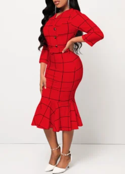 Red Plaid Belted Button Mermaid Dress -Elegance Swimwear Store 317798 P 16662612178492