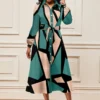 Turquoise Button Geometric Print Belted Long Sleeve Dress