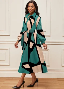 Turquoise Button Geometric Print Belted Long Sleeve Dress -Elegance Swimwear Store 317972 P 1669884320020