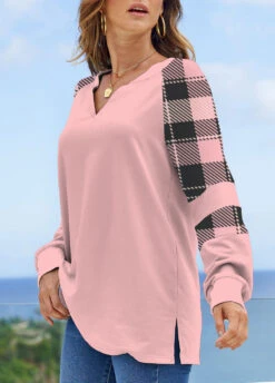 Light Pink Split Plus Size Plaid Sweatshirt -Elegance Swimwear Store 318111 P 1666592357394