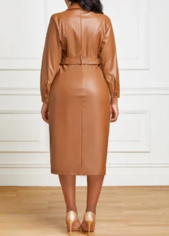 Light Coffee Faux Leather Belted Snap Button Dress -Elegance Swimwear Store 318336 P 16672122221471