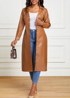 Light Coffee Faux Leather Belted Snap Button Dress -Elegance Swimwear Store 318336 P 16672122225663