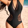 Patchwork Black Mesh One Piece Swimwear
