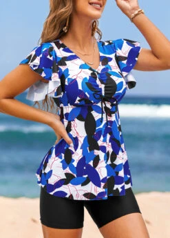 Drawstring Mid Waisted Leaf Print Blue Tankini Top -Elegance Swimwear Store 318840 P 16716246012222
