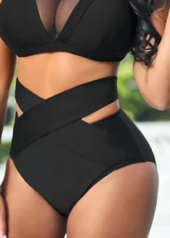 High Waisted Black Cross Strap Bikini Bottom -Elegance Swimwear Store 319070 P 16697766701372