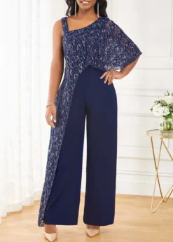 Navy Lace Sleeveless One Shoulder Jumpsuit