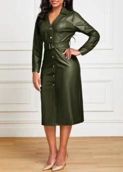 Blackish Green Belted Long Sleeve Bodycon Dress -Elegance Swimwear Store 319170 P 16678155214263