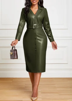 Blackish Green Belted Long Sleeve Bodycon Dress
