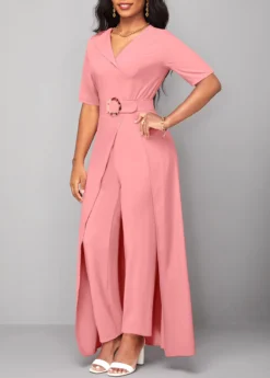 Pink Belted Short Sleeve V Neck Jumpsuit -Elegance Swimwear Store 319200 P 16709225200342