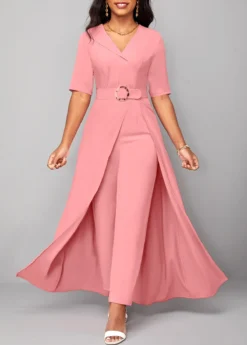 Pink Belted Short Sleeve V Neck Jumpsuit