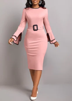 Dusty Pink Belted Long Sleeve Dress