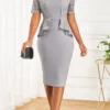 Grey Lace Short Sleeve Round Neck Bodycon Dress
