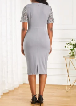 Grey Lace Short Sleeve Round Neck Bodycon Dress -Elegance Swimwear Store 319348 P 16723088905281