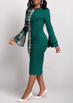 Green Patchwork Plaid Long Sleeve Bodycon Dress 5 Green Patchwork Plaid Long Sleeve Bodycon Dress -Elegance Swimwear Store 319410 P 1668248857148