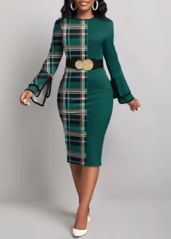 Green Patchwork Plaid Long Sleeve Bodycon Dress