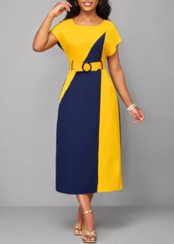 Navy Patchwork H Shape Belted Short Sleeve Dress -Elegance Swimwear Store 319489 P 16753382353803