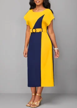 Navy Patchwork H Shape Belted Short Sleeve Dress -Elegance Swimwear Store 319489 P 16753382353982