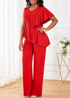 Red Ruffle Sleeveless V Neck Jumpsuit -Elegance Swimwear Store 319495 P 16717050810732