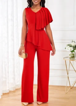 Red Ruffle Sleeveless V Neck Jumpsuit