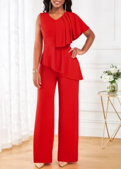 Red Ruffle Sleeveless V Neck Jumpsuit -Elegance Swimwear Store 319495 P 16717050815913