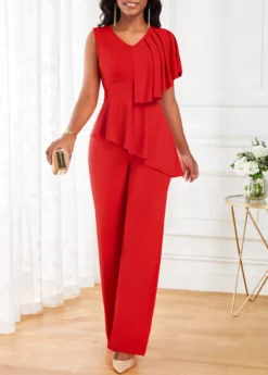 Red Ruffle Sleeveless V Neck Jumpsuit -Elegance Swimwear Store 319495 P 16717050817950