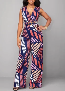 Multi Color Striped Belted Sleeveless Jumpsuit -Elegance Swimwear Store 319496 P 16771207303283